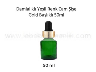 50 ml Cam Şişe Damlalık, Yeşil cam damlalıklı şişe, Damlalıklı Yeşil Renk Cam Şişe Gold Başlıklı